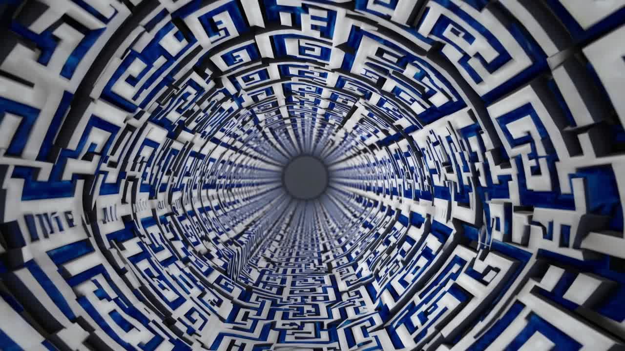 Spiraling tunnel with intricate blue and white geometric patterns, creating a mesmerizing visual journey through a dynamic, abstract space with depth and movement