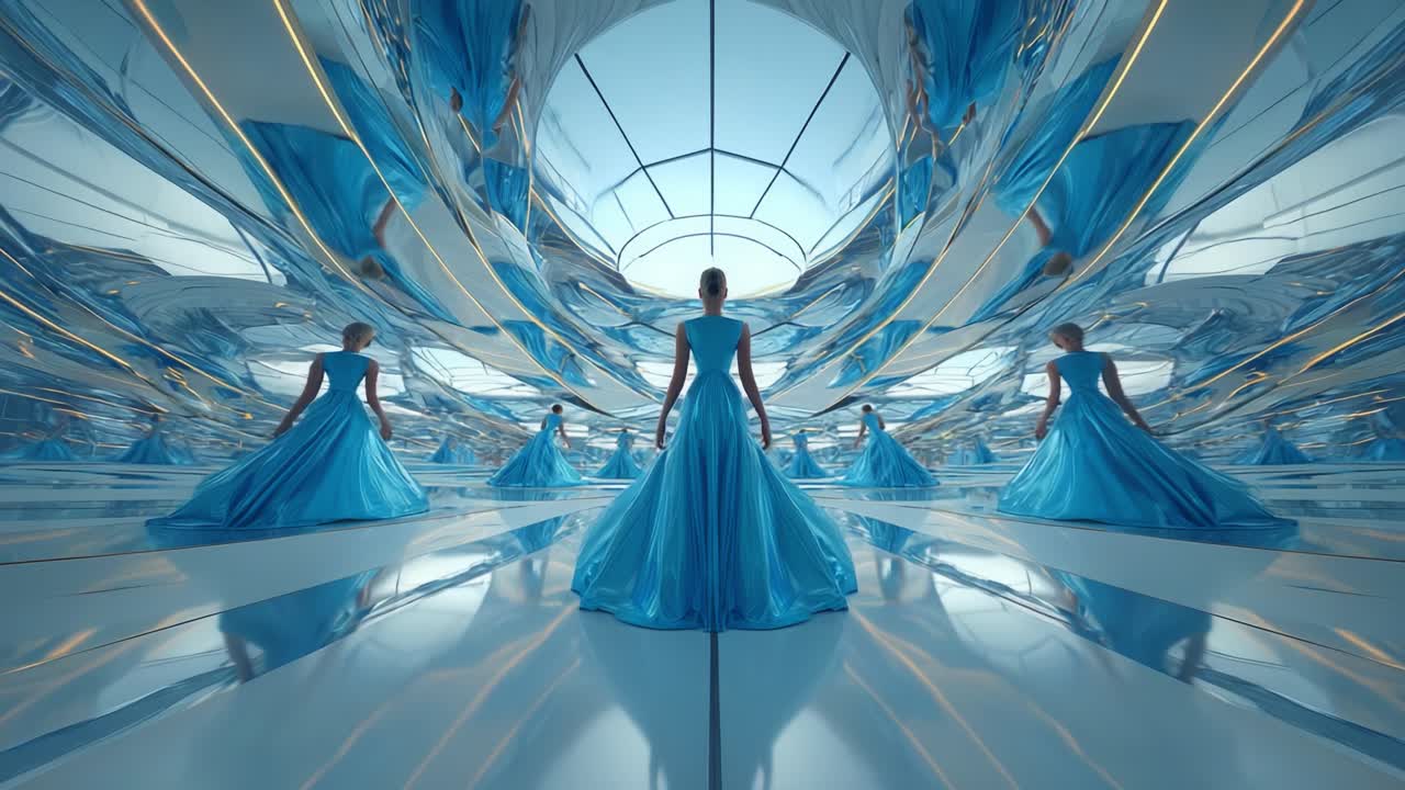 Elegant women in blue dresses in a futuristic setting
