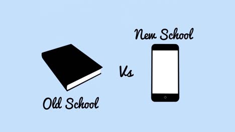 Animation-of-old-school-vs-new-school-text-and-digital-icons-on-blue-background