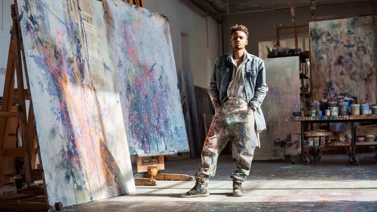 Un artista di talento posa con sicurezza in uno studio vivace, pieno di dipinti astratti colorati, mettendo in mostra creatività ed espressione artistica attraverso pennellate uniche e una composizione dinamica.