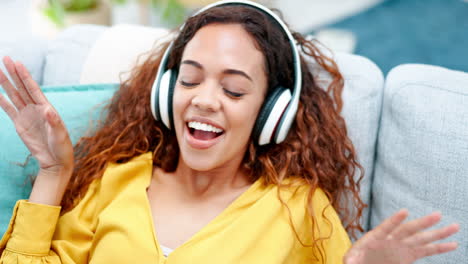 music headphones, singing and relax woman