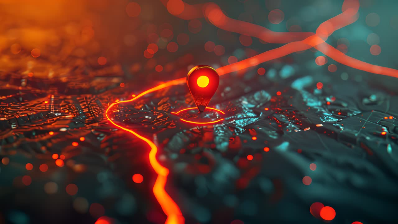 Digital Map with Glowing Route and Location Marker