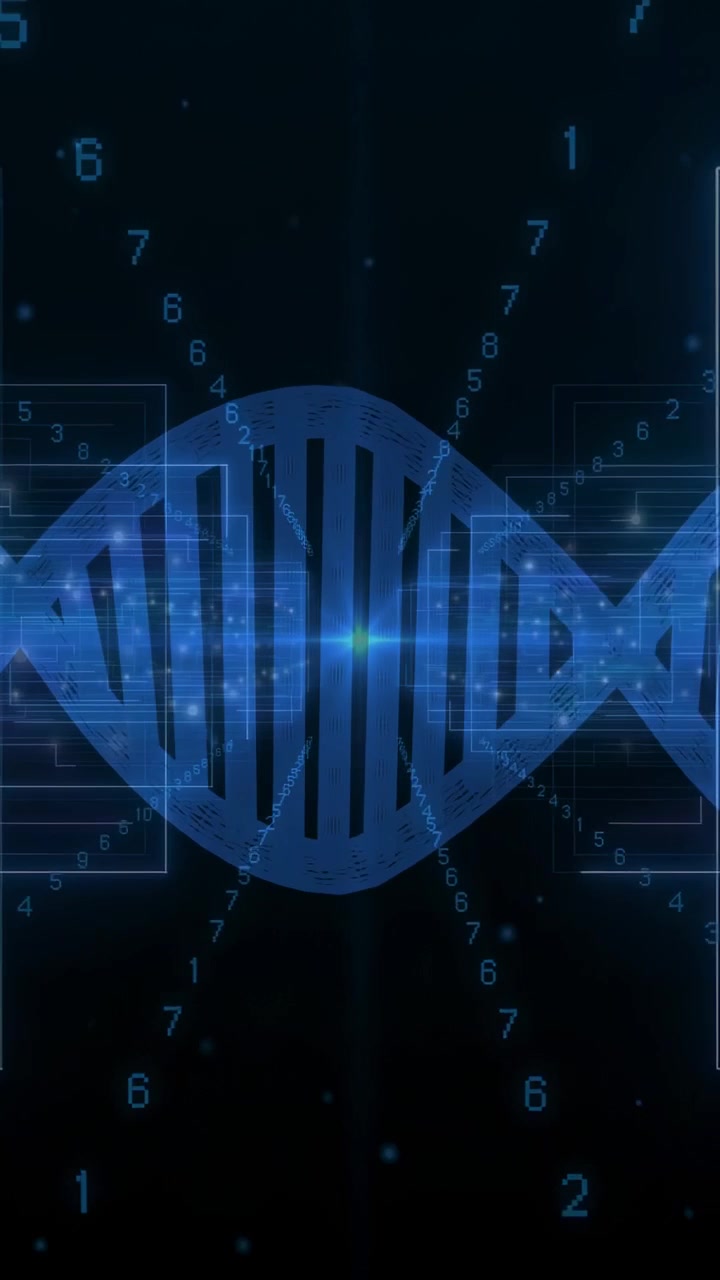 Vertical video: Blue helix pulsing at center, central node initiating numeric streams for tech