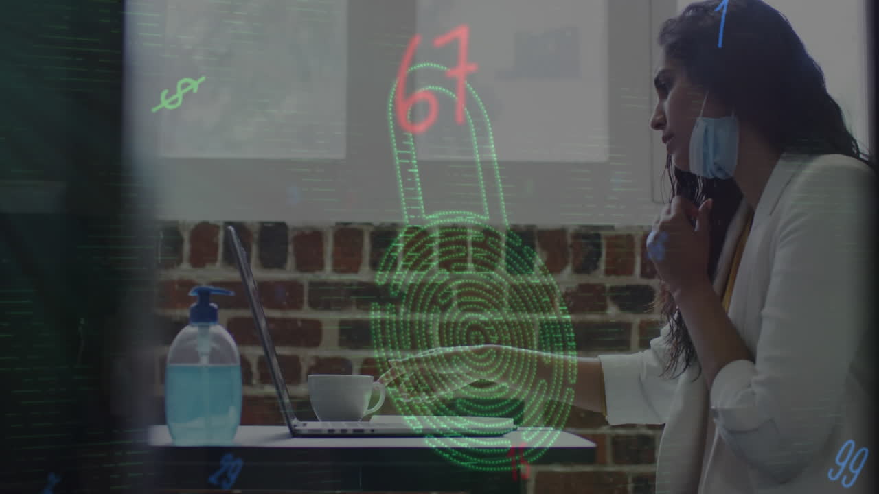 Animation of digital padlock over businesswoman working in office