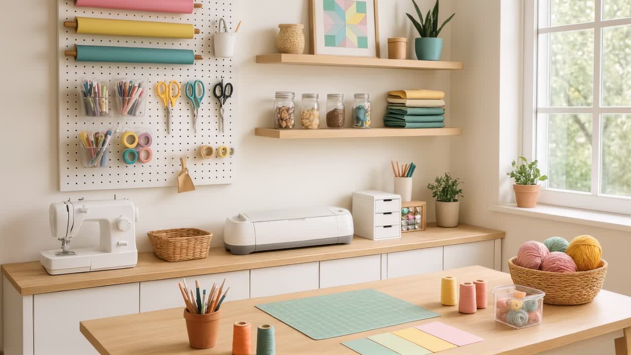 A cozy craft room with supplies neatly organized on shelves, shot from a side angle, perfect
