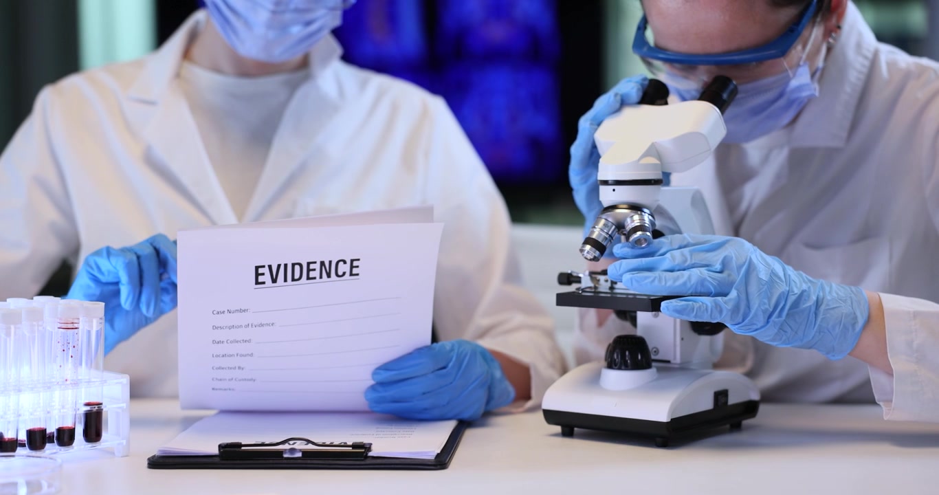 Lo scienziato controlla l'elenco delle prove mentre il collega guarda al microscopio.