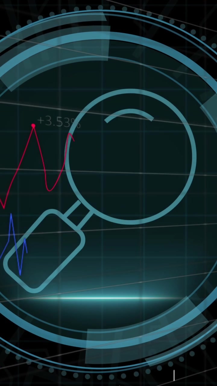 Animation of magnifying glass digital icon and data processing over black background
