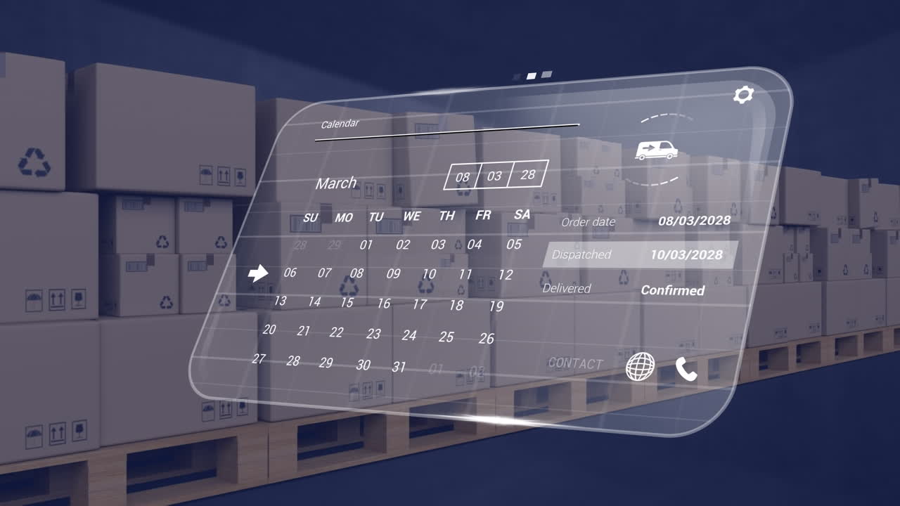 블랙 배경의 상자 위에 달력과 데이터 처리와 함께 디지털 인터페이스의 애니메이션