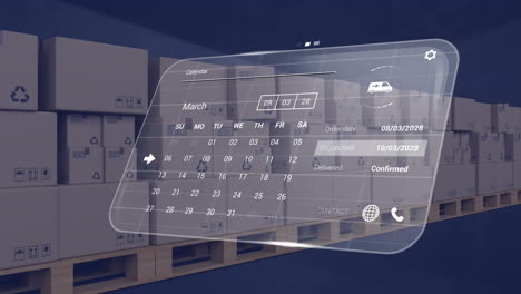 animation of digital interface with calendar and data processing over boxes on black background