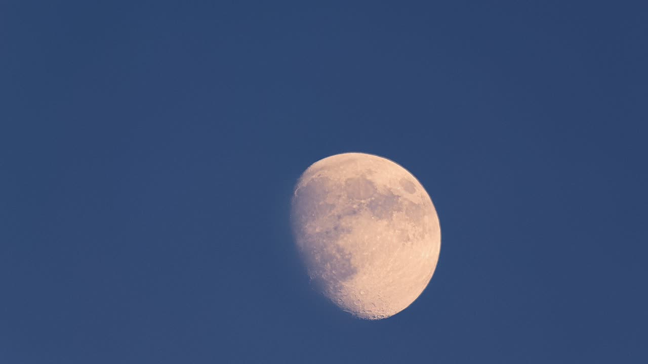 Subida rápida e diagonal da lua. Lua gibosa crescente laranja-amarelada contra um céu azul-escuro sem nuvens. Time lapse em 4K.