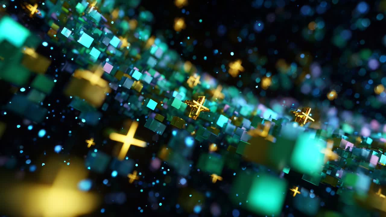 A mesmerizing visual cascade of colorful cubes and shimmering particles, creating a stunning digital landscape filled with vibrant greens, blues, and radiant golden accents shimmering against a dark backdrop
