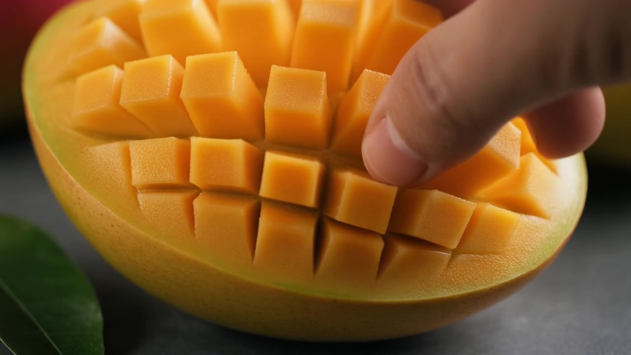 Ręka dotykająca połówki mango pokrojonej w kostkę