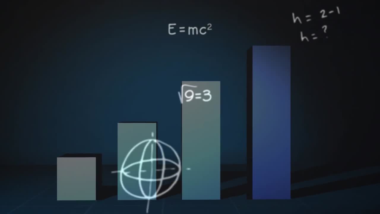 animación de ecuaciones matemáticas y gráficos sobre fondo azul