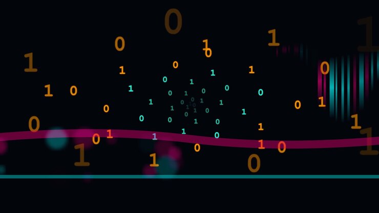 Abstract Digital Background with Floating Binary Code and Data Waves