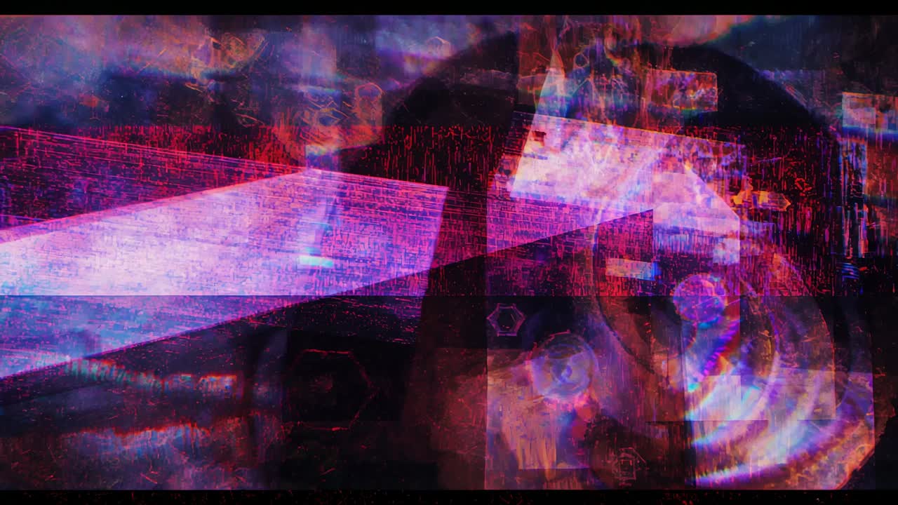 Starting color fades abstract art sliding across letterbox bars, magenta wedge hexagon adding depth