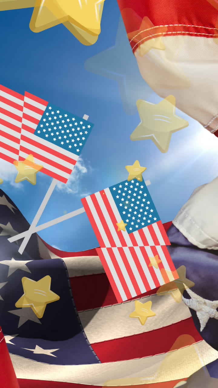 animación de estrellas amarillas sobre las banderas de los estados unidos de américa