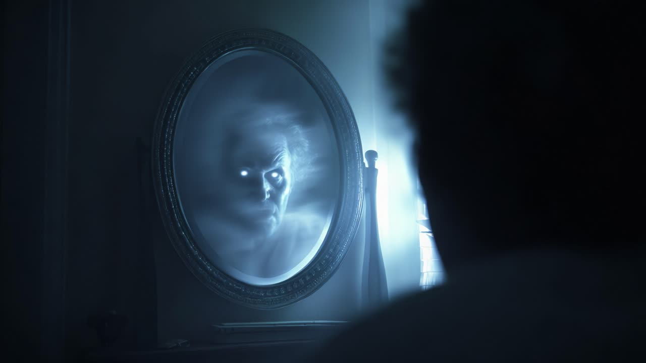 Eerie Reflection: A Surreal Encounter with a Haunting Apparition in a Dimly Lit Room Captured in Two Distinct Frames