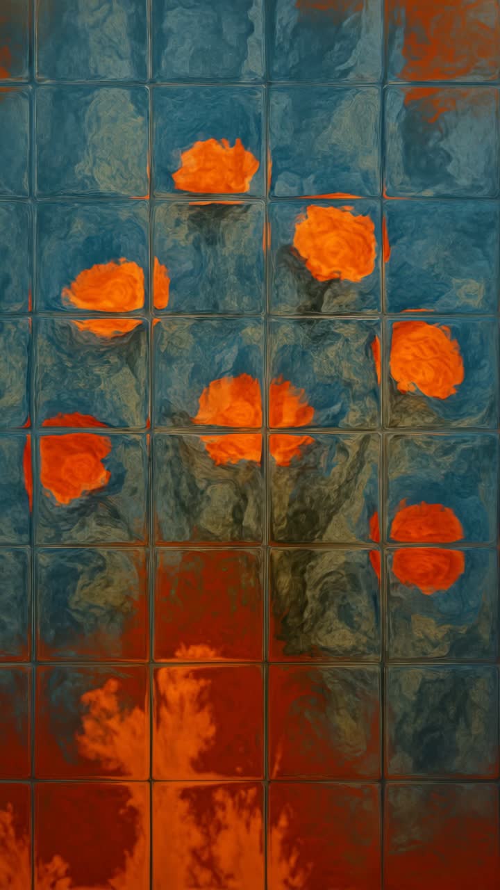 Abstract video concept with a top-down angle, featuring vibrant orange and blue floral patterns