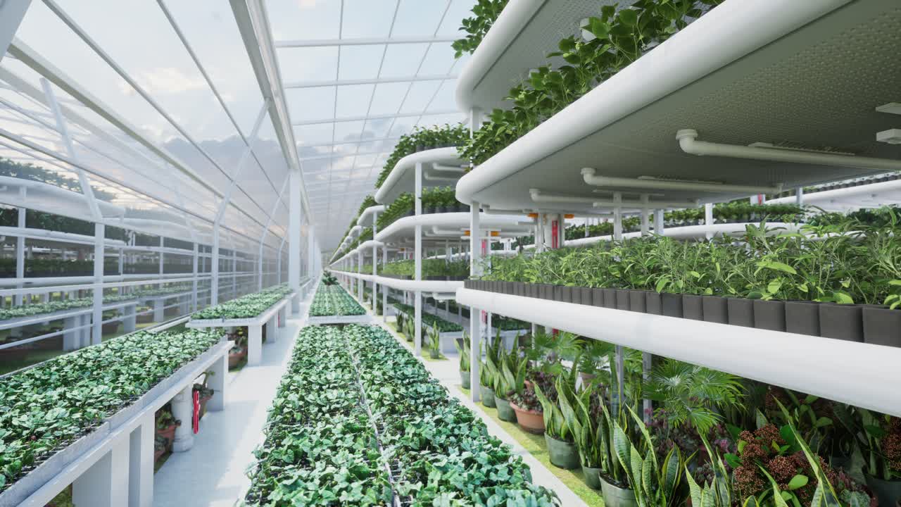 Invernadero moderno con sistemas hidropónicos escalonados para la agricultura sostenible