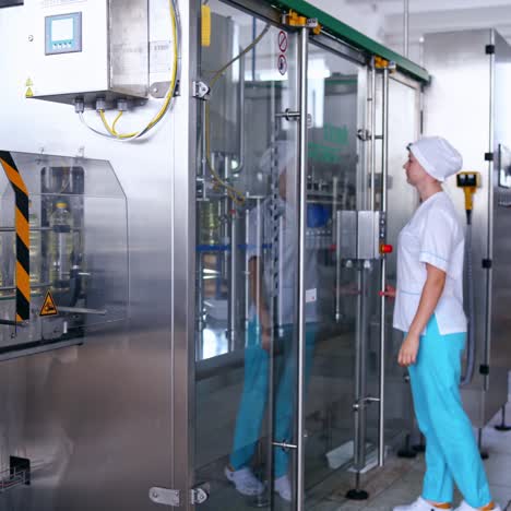 contemporary factory of cooking oil. worker in protective uniform controls the process of automated equipment. food industry concept.
