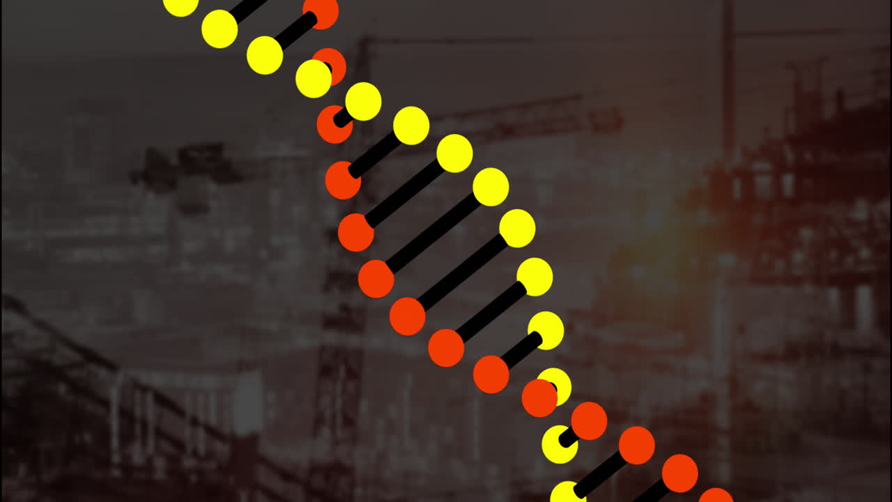 Animating DNA strand over construction site with cranes in background