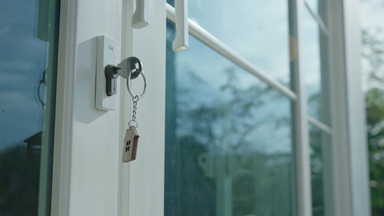 el propietario desbloquea la llave de la casa para el nuevo hogar. el dueño de la casa abre la puerta de la casa. nueva llave para la casa después del éxito contactado.