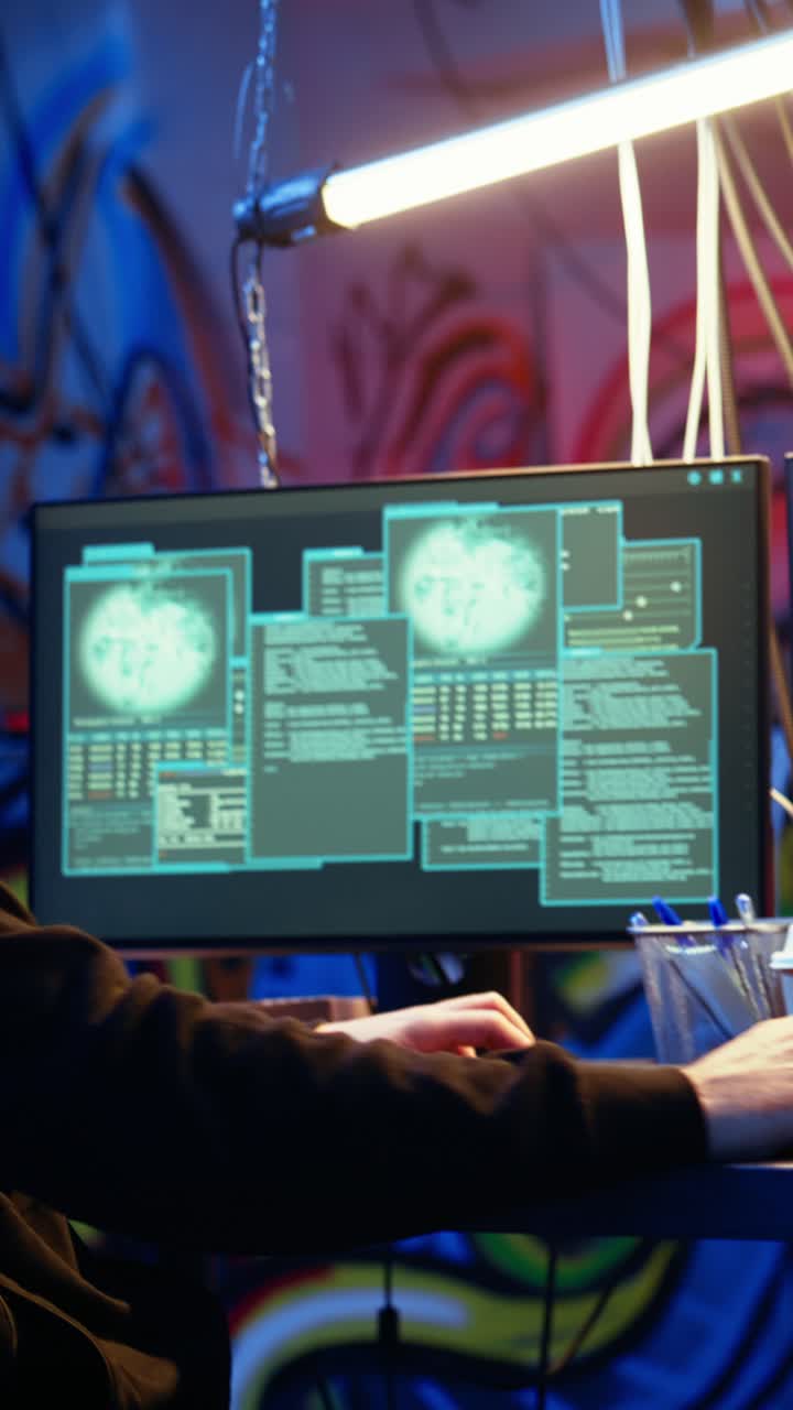 Vertical video Hooded hacker running code in graffiti painted basement