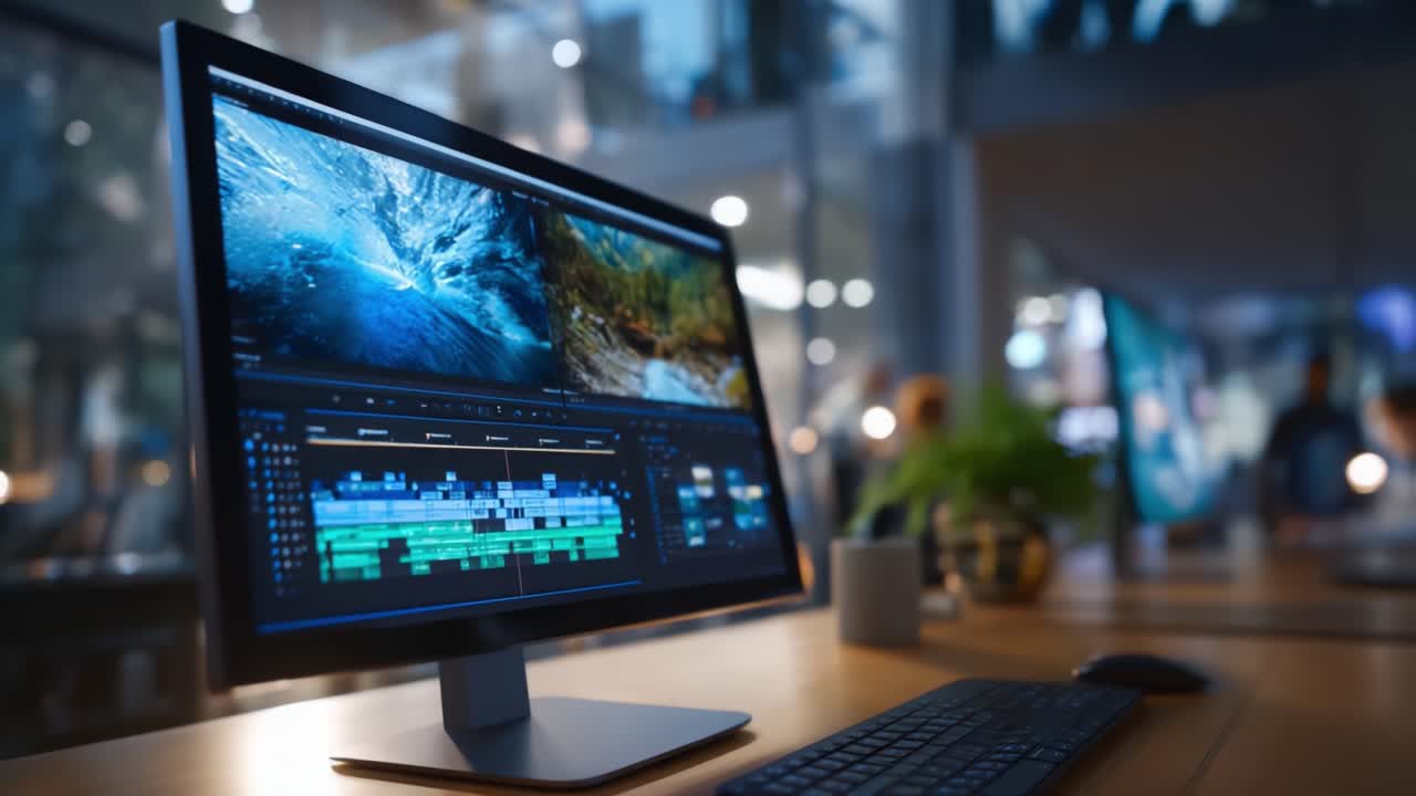 A high-resolution monitor displaying advanced video editing software, showcasing vibrant visuals and an organized timeline for a professional editing environment
