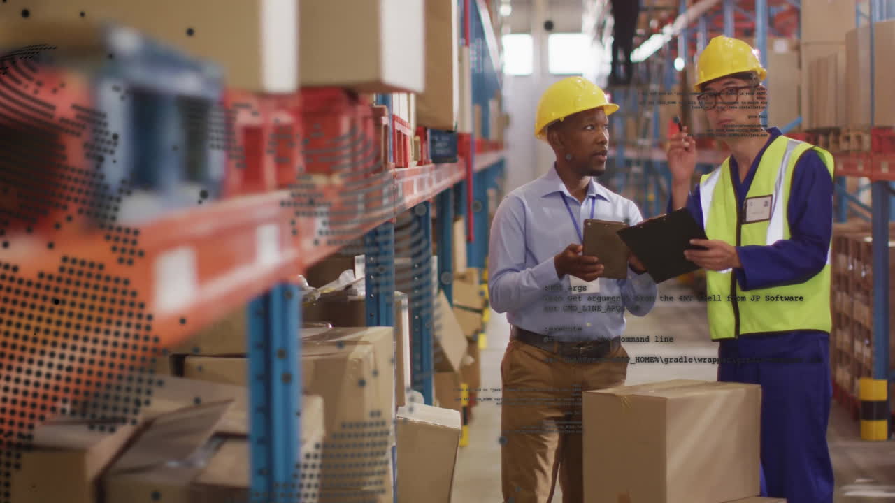 animación del procesamiento de datos sobre diversas personas que trabajan en el almacén