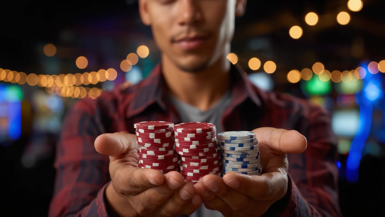 Un individuo concentrato mostra pile di fiches da poker, evidenziando strategia di gioco ed eccitazione in un vivace ambiente da casinò illuminato da luci circostanti