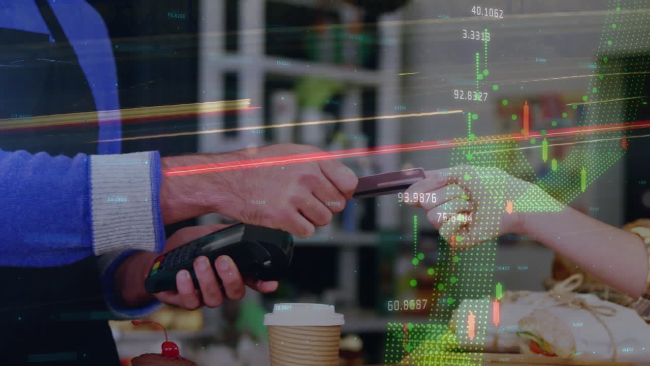 Animation of financial data processing over caucasian paying at payment terminal