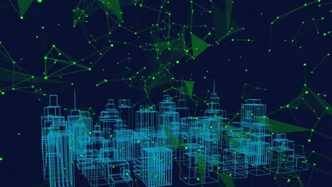 animation of digital city over network of connections on black background