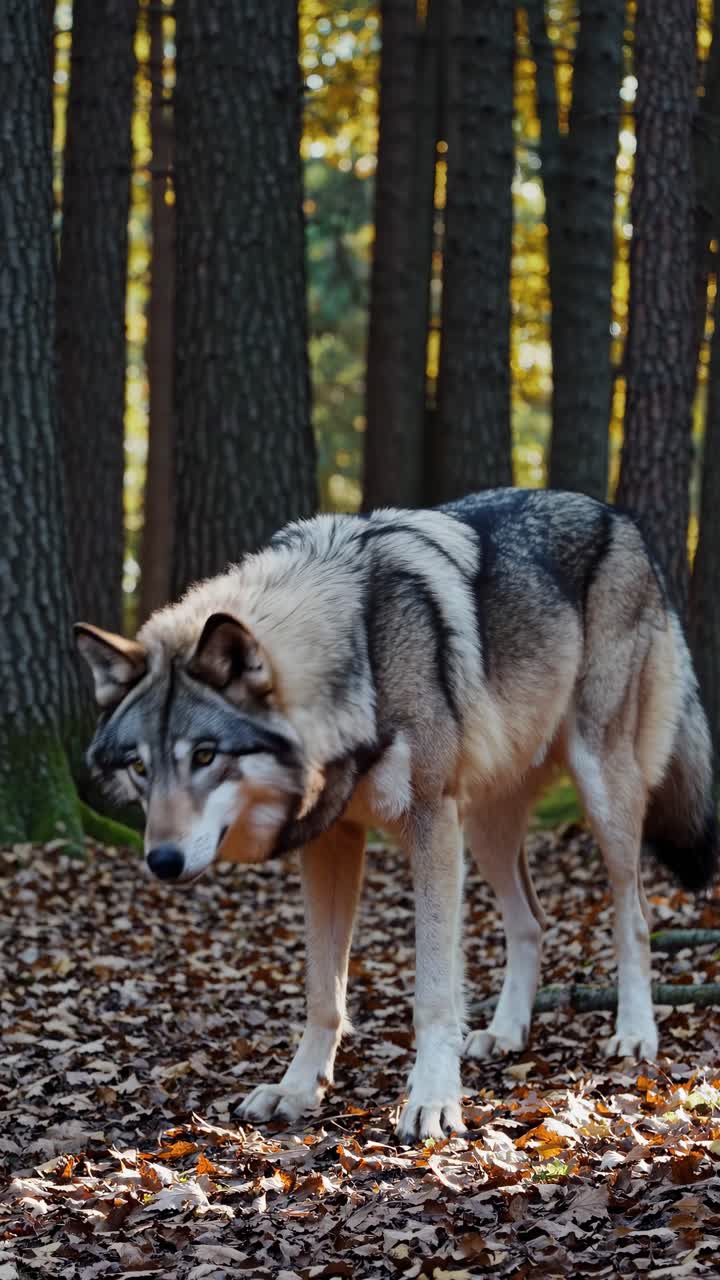 A majestic wolf in a forest, captured from a low angle