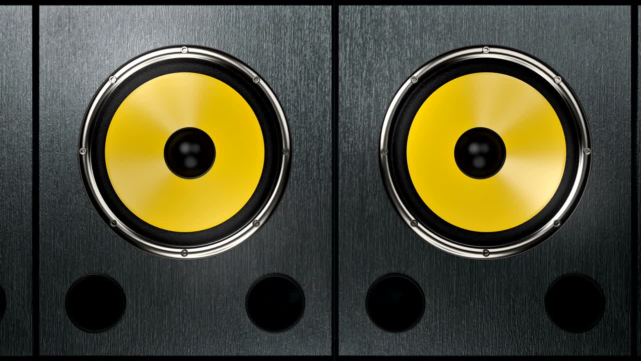 Camera showing audio speakers playing modern rhythmic music 90bpm seamless loop