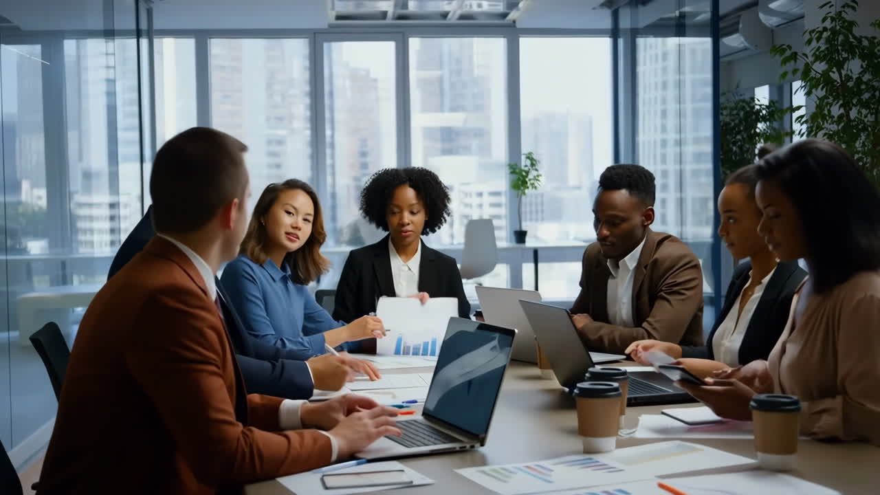 Verschiedenes Business-Team, das in einem modernen Büromeeting zusammenarbeitet