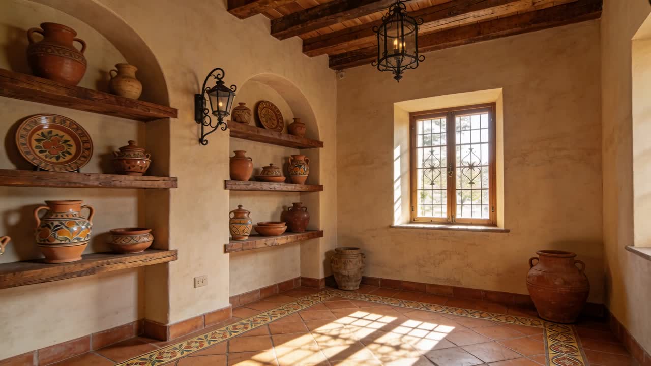 La telecamera inizia a panoramare a destra attraverso una stanza spagnola, rivelando scaffali di ceramiche, urne e una finestra illuminata.