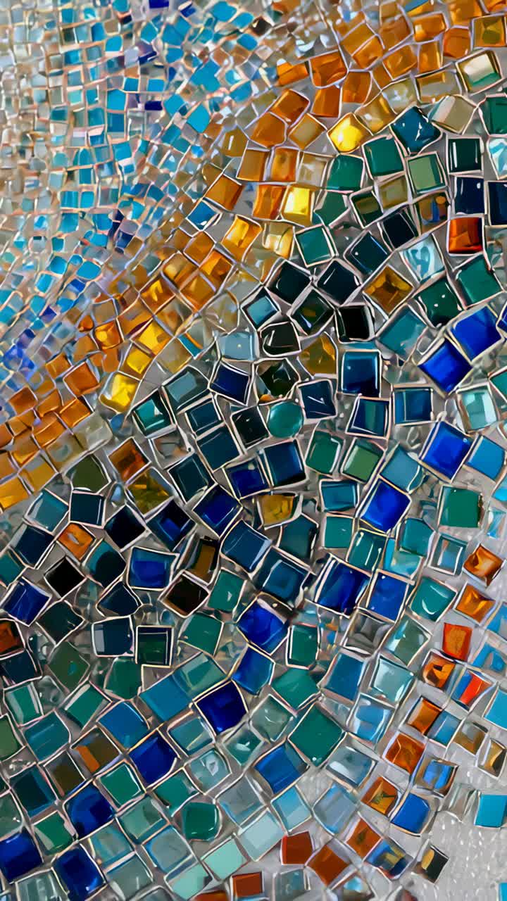 Vertical video: Sweeping mobile camera revealing mosaic at wall, exposing glass tiles and pale disk