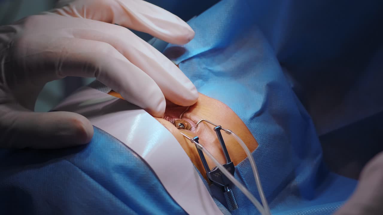 corrección de la visión con láser. un paciente y un equipo de cirujanos en la sala de operaciones durante una cirugía oftalmológica. especulo del párpado. tratamiento de lasik. paciente bajo una cubierta estéril