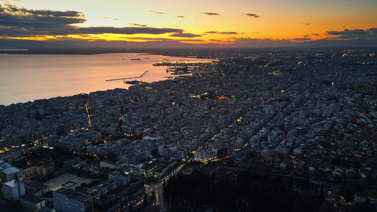 Aerial drone view of Thessaloniki coastline at the sunset. The Aegean Sea in Central Macedonia in Greece