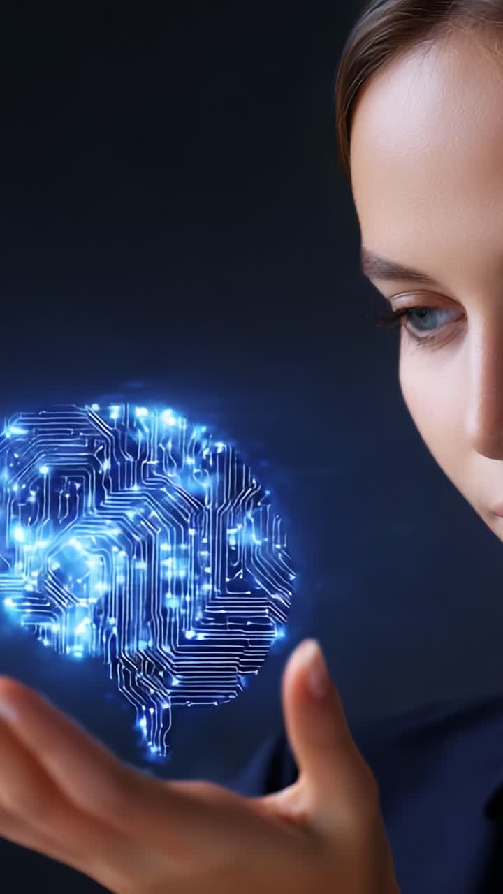 Uma mulher contempla a fusão de tecnologia e intelecto, segurando um cérebro brilhante de inteligência artificial que simboliza inovação, potencial e o futuro da ciência cognitiva