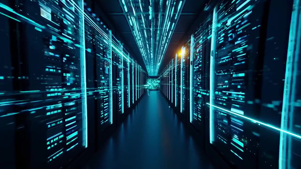 Digital Data Flow Through Modern Server Room Corridor