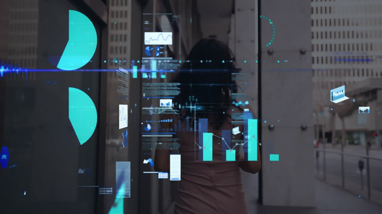 Woman walking through urban tech corridor, engaging with holographic bar graph line chart overlays