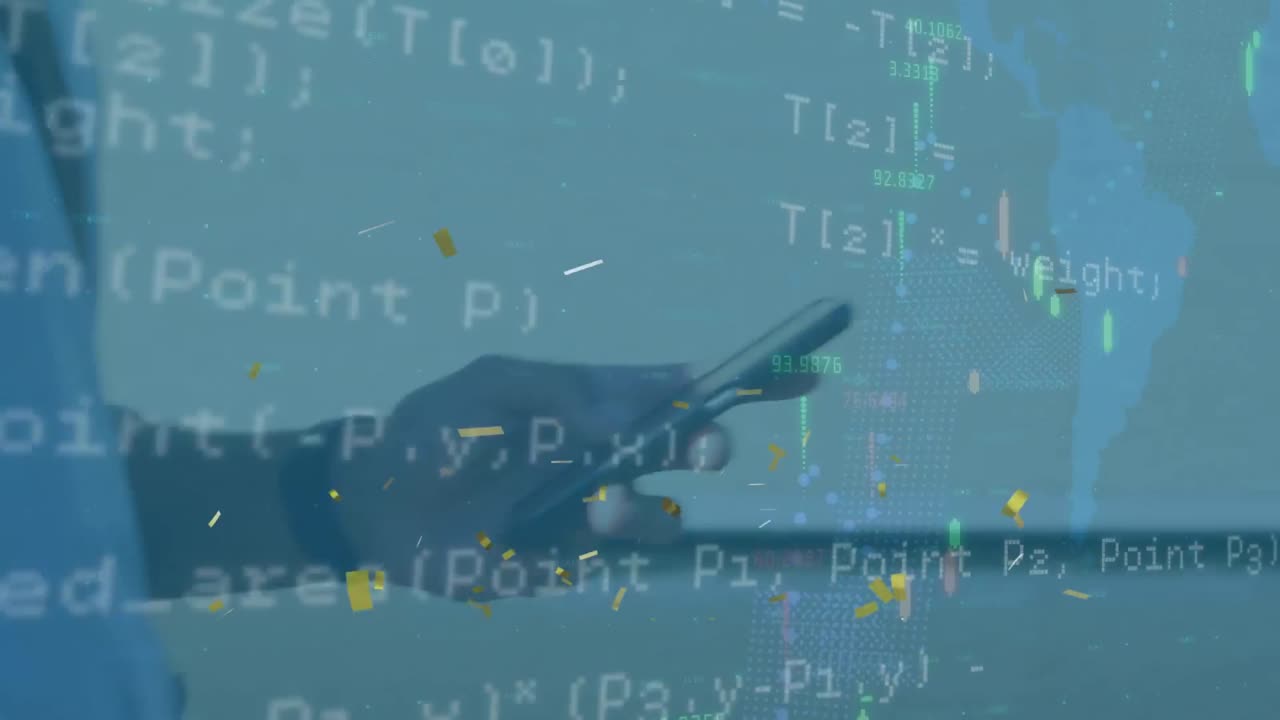 스마트폰을 사용하는 백인 남성에 대한 데이터 처리 및 콘페티의 애니메이션