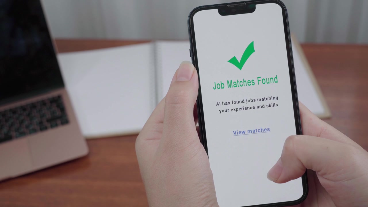 Una persona tiene uno smartphone che mostra la schermata di conferma di un'app di abbinamento lavoro basata su IA, con un segno di spunta verde e il messaggio "corrispondenze lavoro trovate"