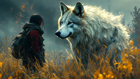 encounter between a girl and a large white wolf in a forest setting