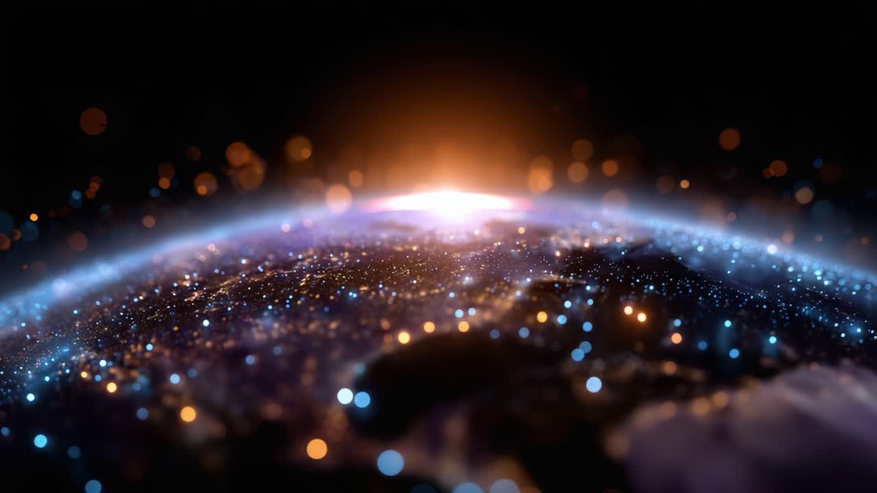 A breathtaking view of Earth from space showcasing a vibrant atmosphere illuminated by scattered lights, highlighting the beauty and complexity of our planet