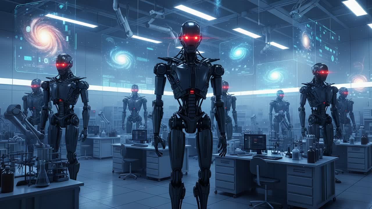 A Futuristic Laboratory Filled with Robotic Entities Displaying Advanced Technology and Interconnected Displays of Galactic Phenomena in a High-Tech Science Facility