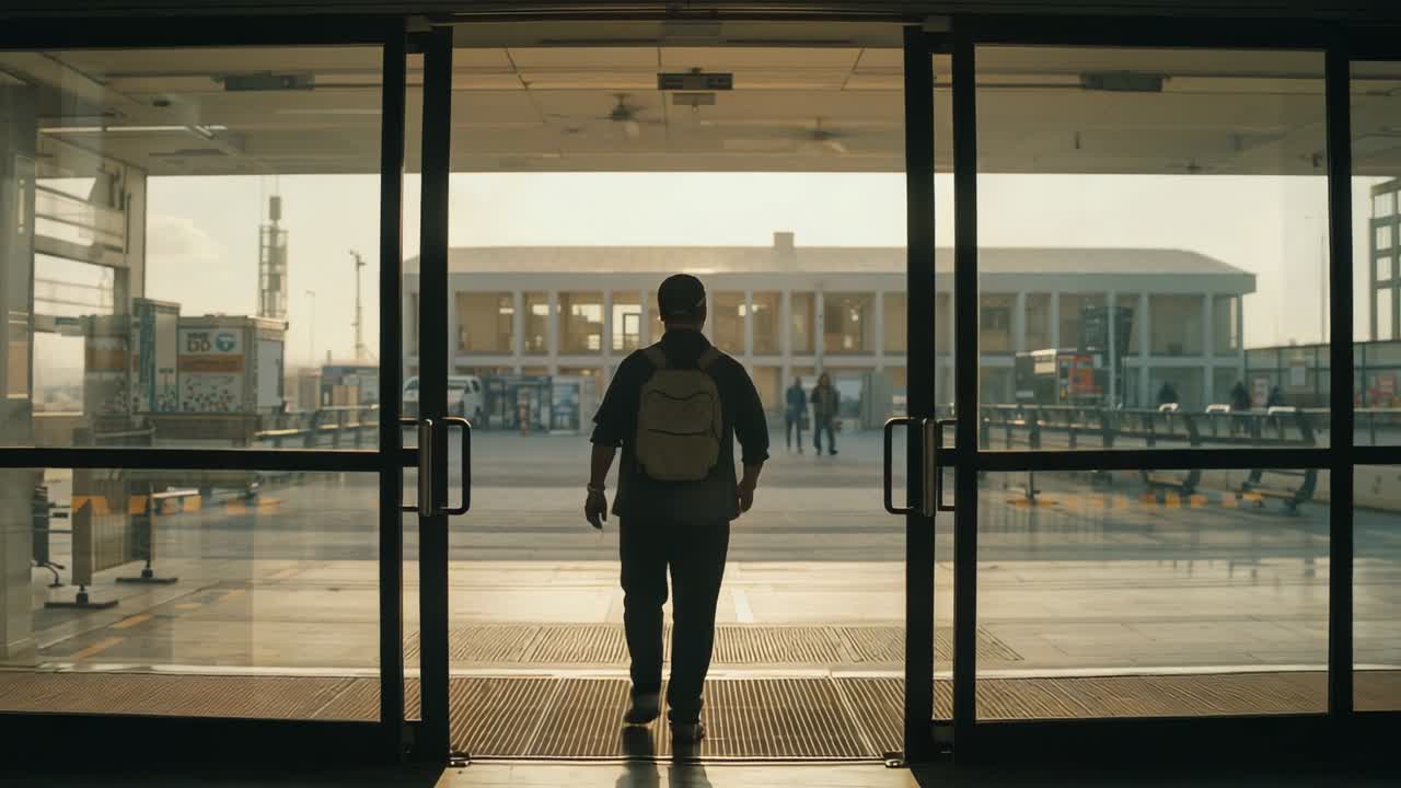 Uomo che cammina con uno zaino leggero verso le porte auto che si aprono, vestito con abiti scuri e diretto al terminal