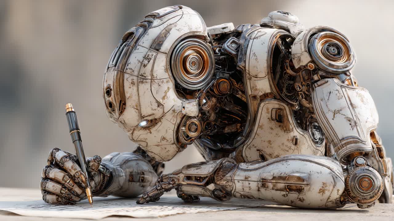 Un robot pensieroso intento a scrivere: esplorando l'intersezione tra tecnologia e creatività attraverso l'innovazione meccanica