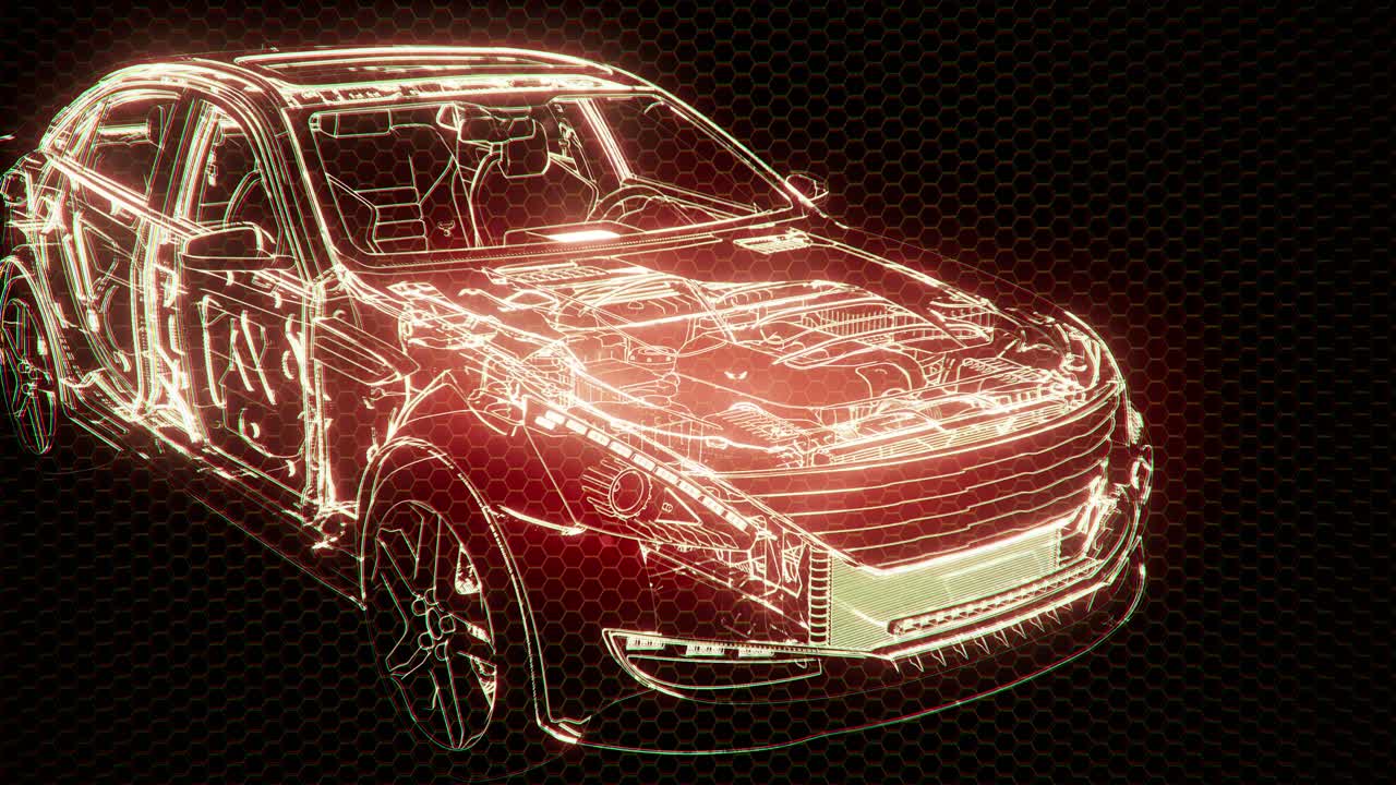 Holographic animation of 3D wireframe car model with engine